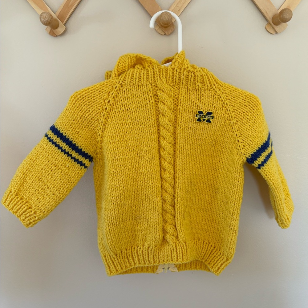Yellow Knit Baby Sweater with Blue Stripes